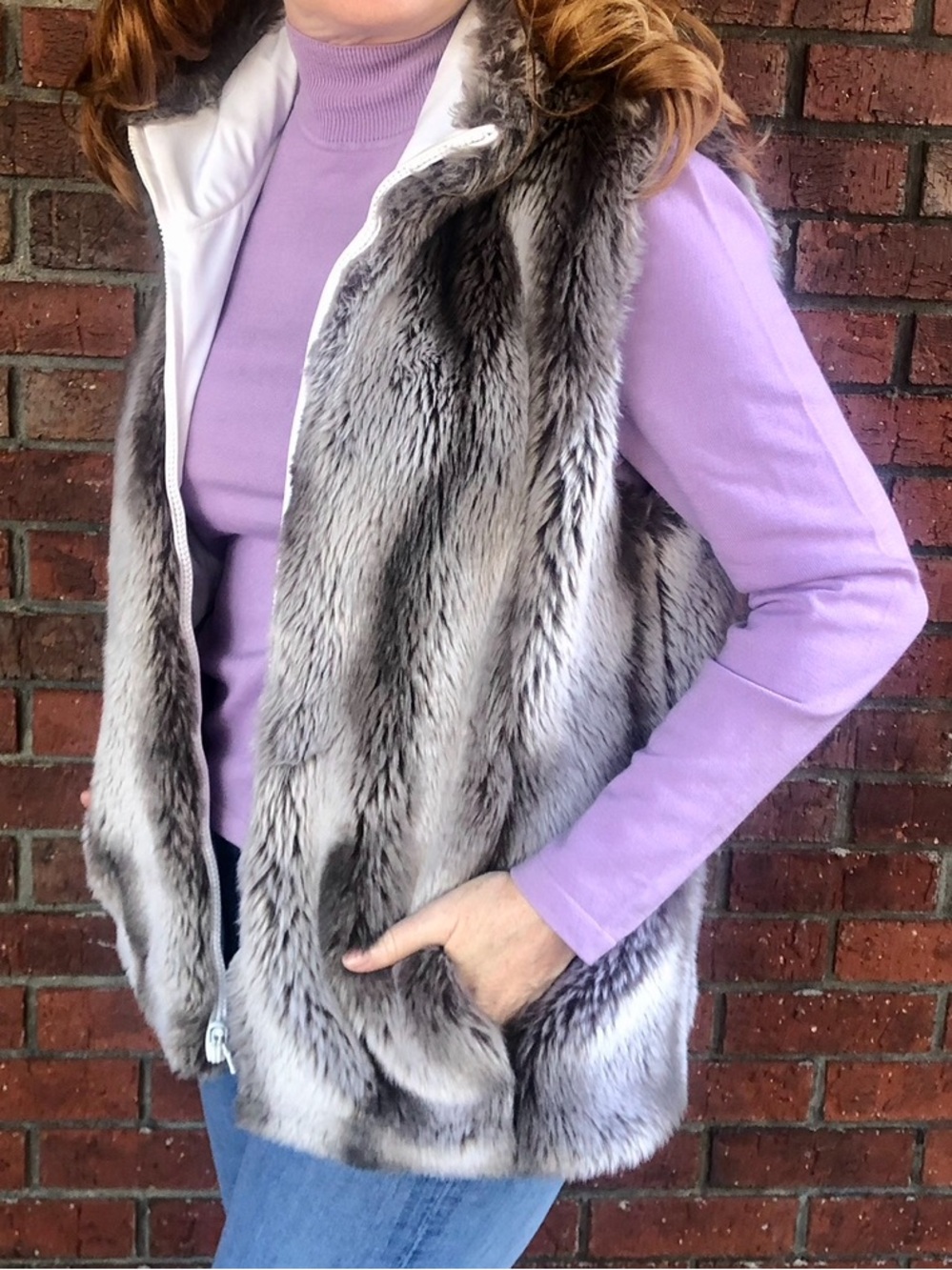 Gray & Brown Faux Fur Zip-Front Vest With Pockets-NO FLAWS • GREAT DEAL